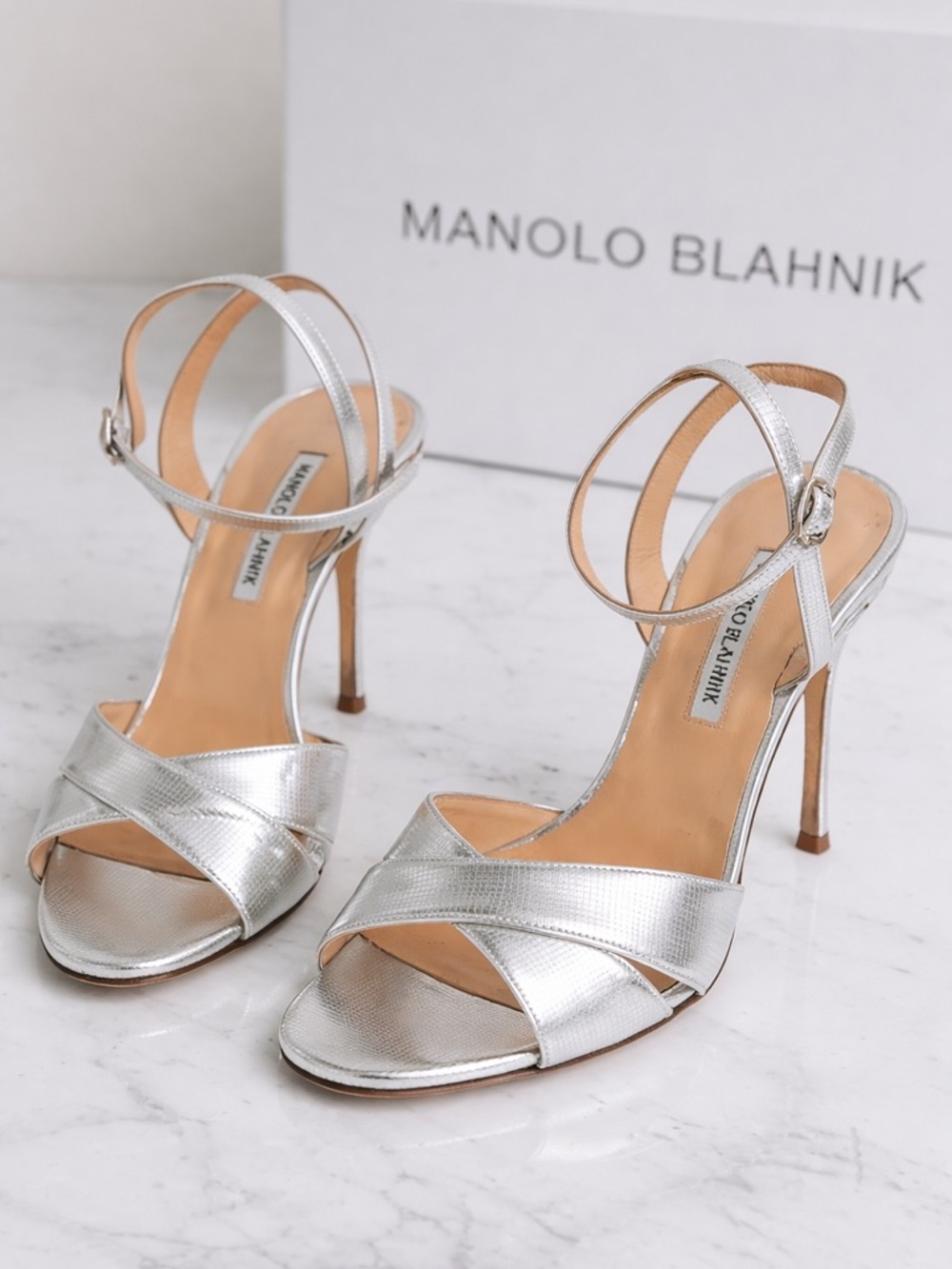 Manolo Blahnik Silver Metallic Crisscross Strap Sandals Heels Ankle Strap EU 40